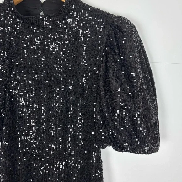 Camila Coelho Cassie Mini Dress Black Sequin Puff Sleeve Open Back Size Small - Picture 7 of 12